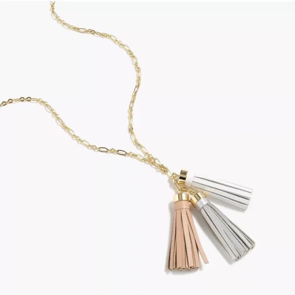 J Crew Pale Sepia Leather Tassels Pendent Long Necklace
